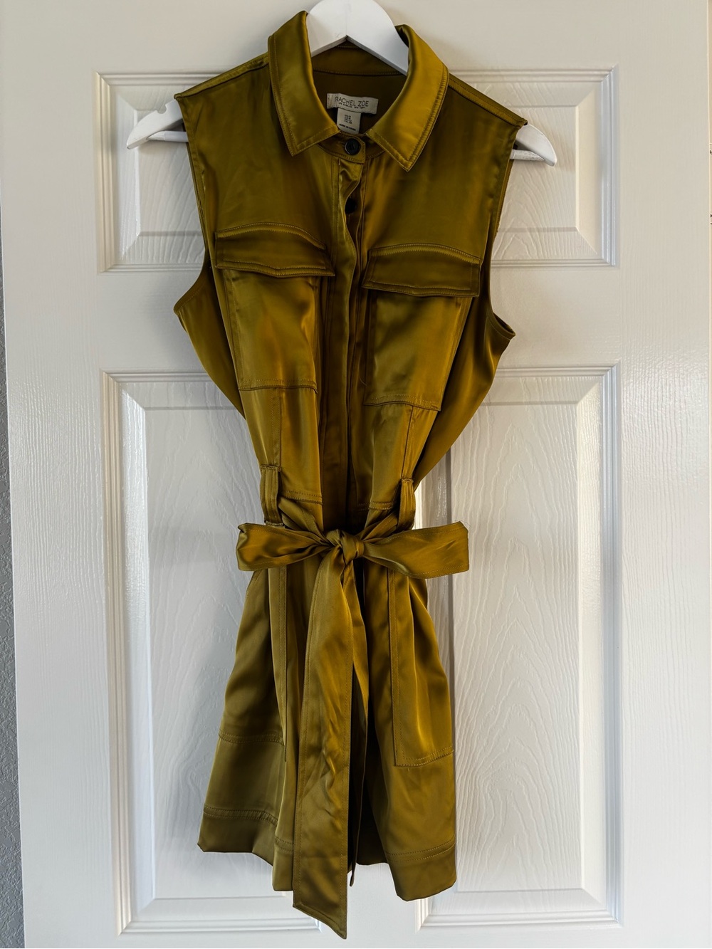 Vince Olive Satin Romper with Tie Waist